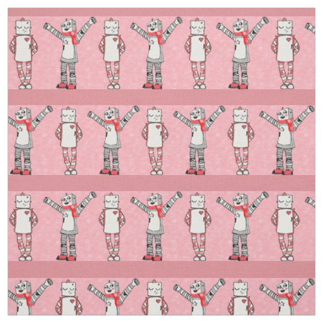 Pink Comic Style Lovebird Robots Patterned Fabric (Swatch)