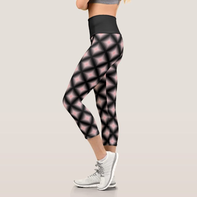 Pink Concentric Squares on Black Geometric Pattern Capri Leggings (Left)