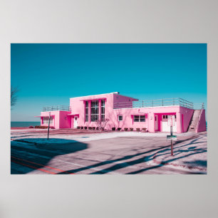 Pink concrete building under clear blue sky poster