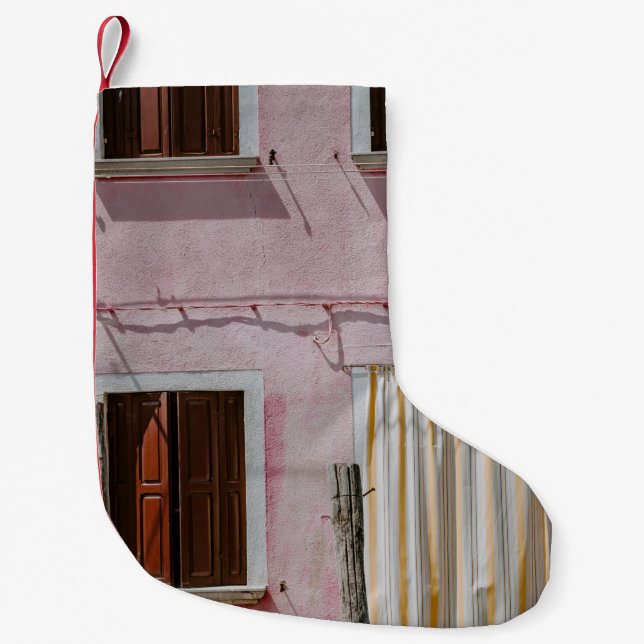 PINK CONCRETE HOUSE WITH THREE WINDOWS AND ONE DOO SMALL CHRISTMAS STOCKING (Front)