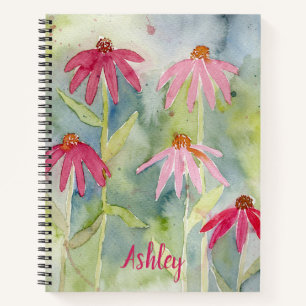 Pink Coneflower Watercolor Personalised Notebook