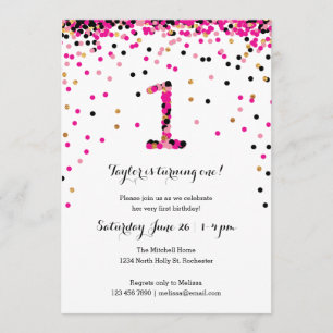 Pink Confetti 1st Birthday Party Invitations Girl