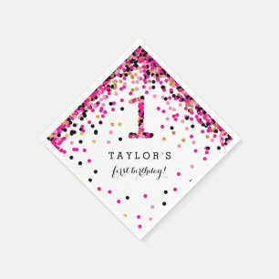 Pink Confetti 1st Birthday Party Napkins for Girl