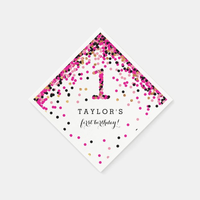 Pink Confetti 1st Birthday Party Napkins for Girl (Corner)