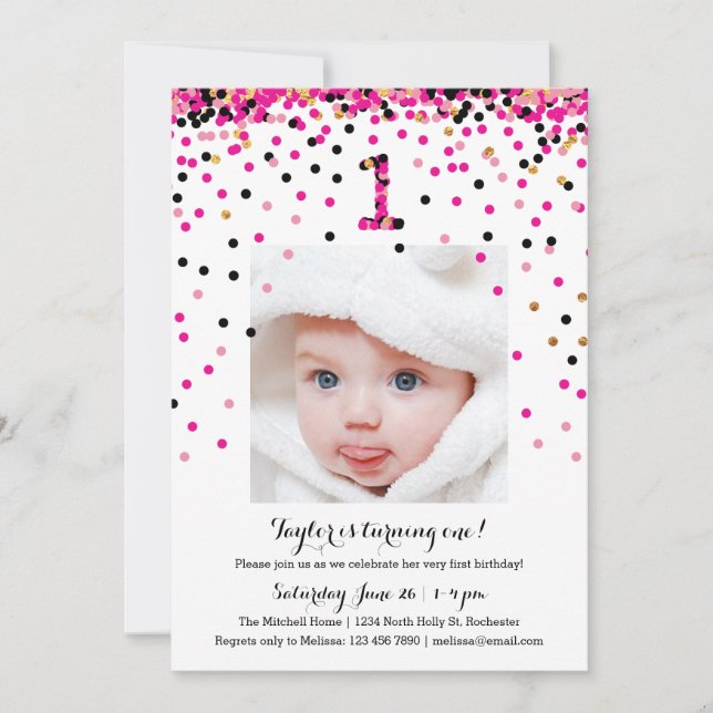 Pink Confetti 1st Birthday Photo Invitations Girl (Front)