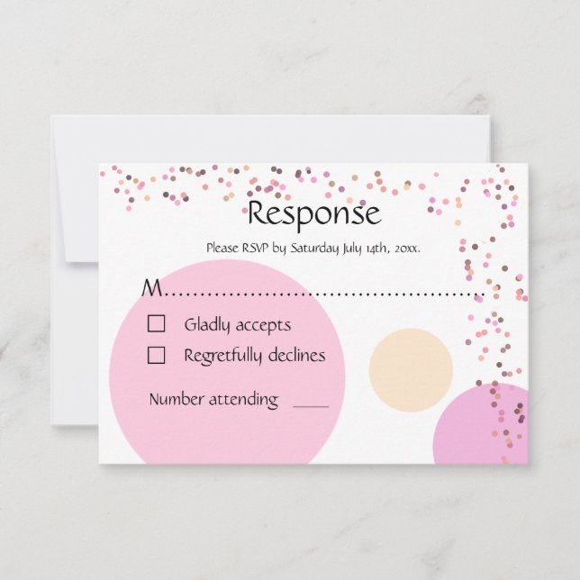 Pink confetti circles wedding RSVP card (Front)