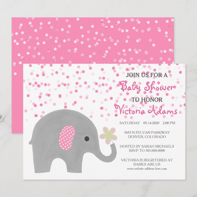 Pink Confetti Elephant Baby Girl Shower Invitation (Front/Back)