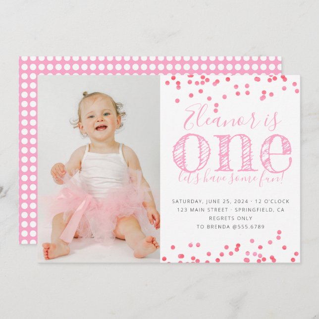 Pink confetti first birthday party photo  invitation (Front/Back)