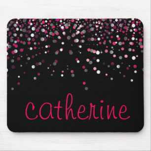 Pink Confetti Glitter Black Faux Foil Glittery Mouse Mat