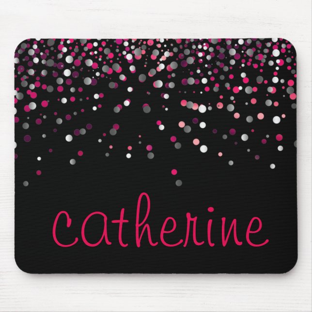 Pink Confetti Glitter Black Faux Foil Glittery Mouse Mat (Front)