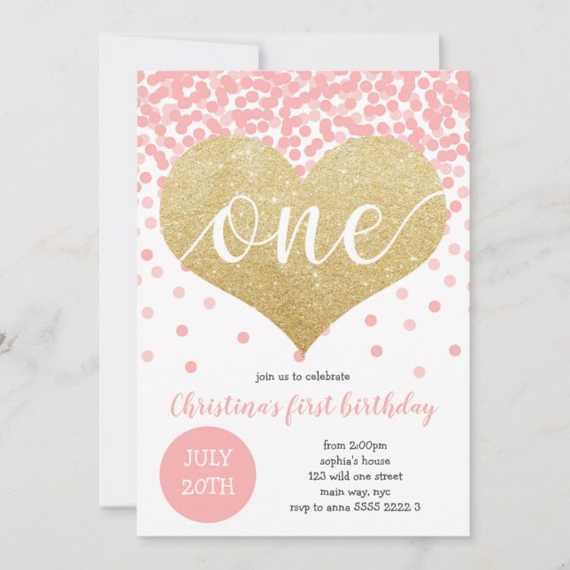 Pink Confetti Gold Heart ONE Girl First Birthday Invitation (Front)