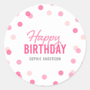 Pink Confetti Happy Birthday Classic Round Sticker