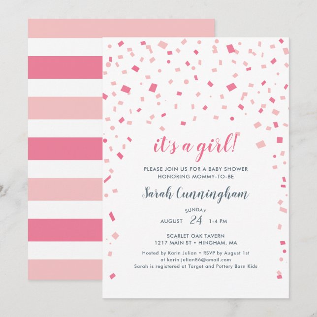 Pink Confetti It's a Girl Baby Shower Invitation (Front/Back)