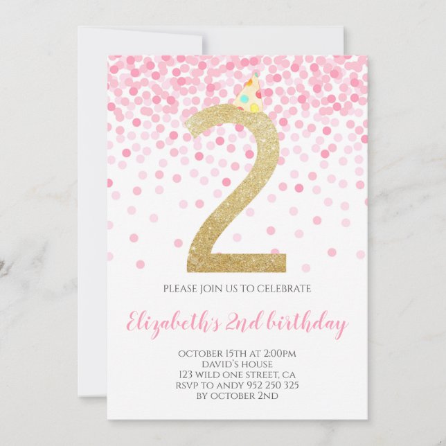 Pink Confetti Party Gold Number Girl 2nd Birthday Invitation (Front)