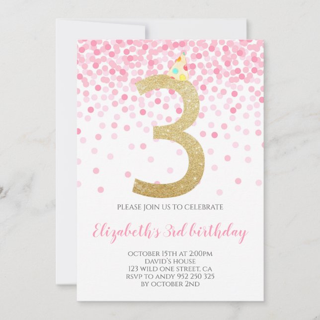 Pink Confetti Party Gold Number Girl 3rd Birthday Invitation (Front)
