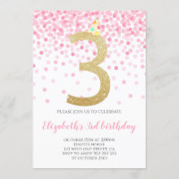 Pink Confetti Party Gold Number Girl 3rd Birthday