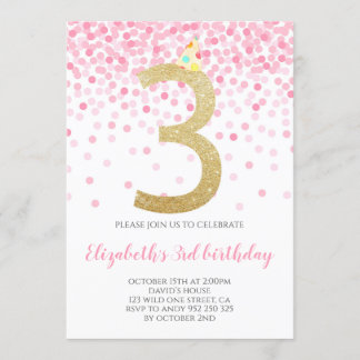 Pink Confetti Party Gold Number Girl 3rd Birthday Invitation