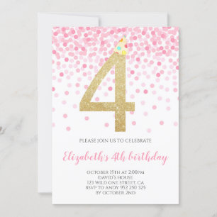Pink Confetti Party Gold Number Girl 4th Birthday Invitation
