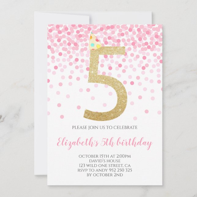Pink Confetti Party Gold Number Girl 5th Birthday Invitation (Front)