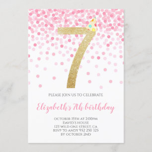 Pink Confetti Party Gold Number Girl 7th Birthday Invitation