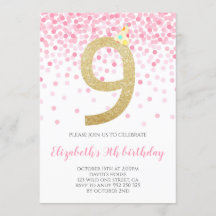 Pink Confetti Party Gold Number Girl 9th Birthday
