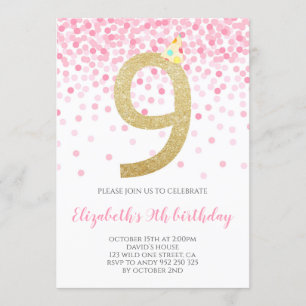 Pink Confetti Party Gold Number Girl 9th Birthday Invitation