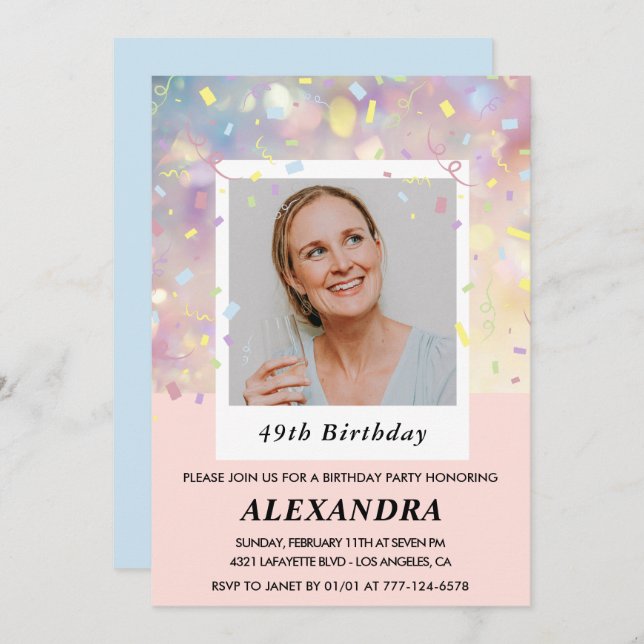 Pink Confetti Photo 49th birthday invitations  (Front/Back)