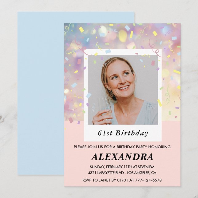 Pink Confetti Photo 61st birthday invitations  (Front/Back)
