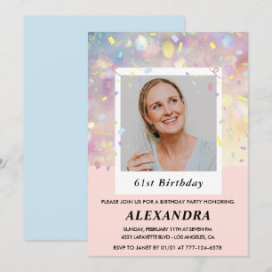 Pink Confetti Photo 61st birthday invitations