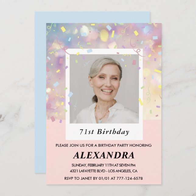 Pink Confetti Photo 71st birthday invitations  (Front/Back)