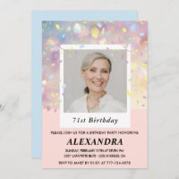 Pink Confetti Photo 71st birthday invitations 
