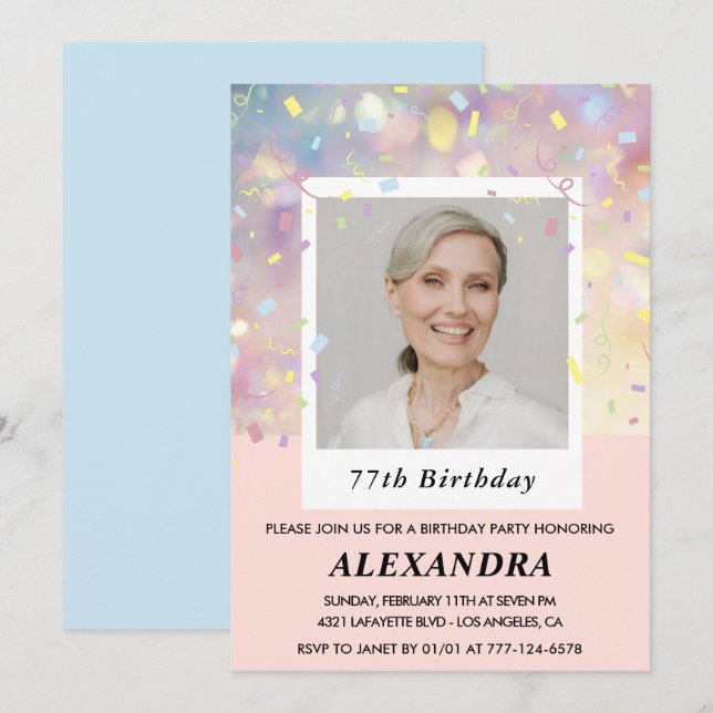 Pink Confetti Photo 77th birthday invitations  (Front/Back)