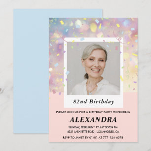 Pink Confetti Photo 82nd birthday Invitation