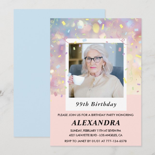 Pink Confetti Photo 99th birthday Invitation (Front/Back)
