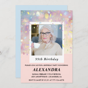 Pink Confetti Photo 99th birthday Invitation