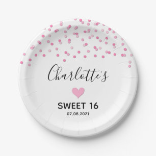 Pink Confetti Sweet 16 Birthday Party Paper Plate