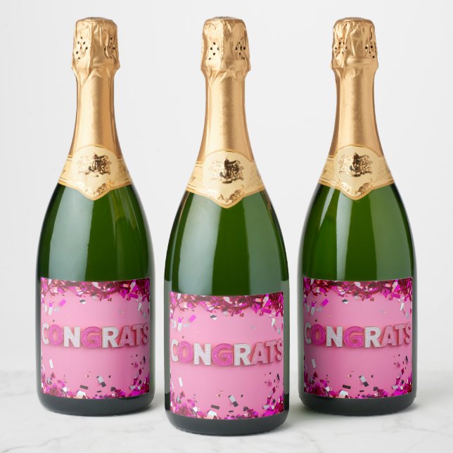 Pink  "Congrats"  Sparkling Wine Label (Bottles)