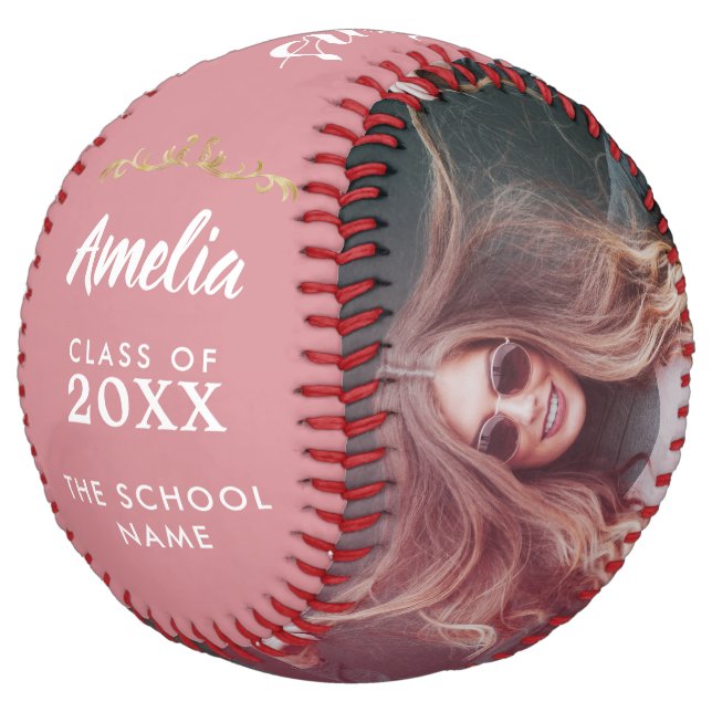 Pink Congratulations Grad Graduation 2 Photo Softball (Angled)