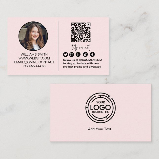 Pink Connect with Us Qr Code Logo Photo Business Card (Front/Back)