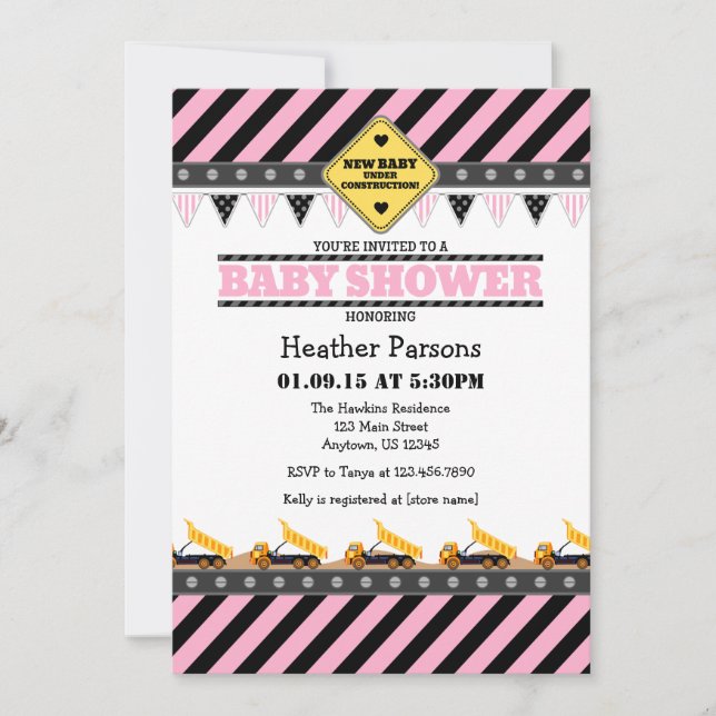 Pink Construction Baby Shower Invitation (Front)
