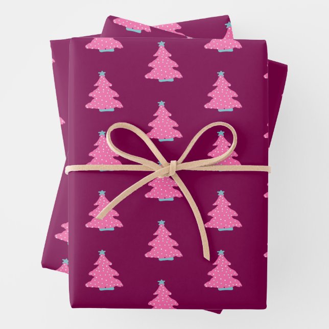 Pink Contemporary Christmas Trees Wrapping Paper Sheet (In situ)