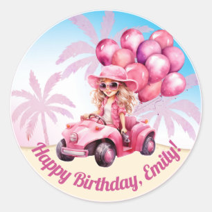 Pink Convertible Beach Birthday Classic Round Sticker