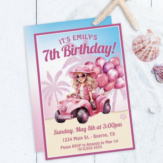 Pink Convertible Beach Birthday Invitation (A fun birthday invitation for a special girl's beach birthday party.)