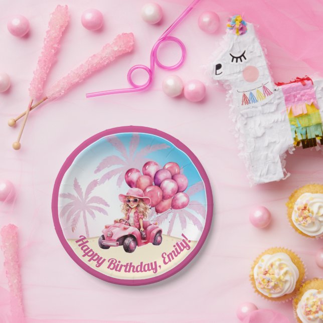 Pink Convertible Beach Birthday Paper Plate (Party)