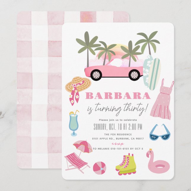 Pink Convertible Palm Tree Adult Birthday Invitation (Front/Back)