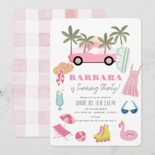 Pink Convertible Palm Tree Adult Birthday Invitation