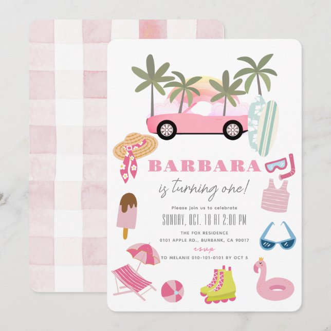 Pink Convertible Palm Tree Girl 1st Birthday Invitation (Front/Back)