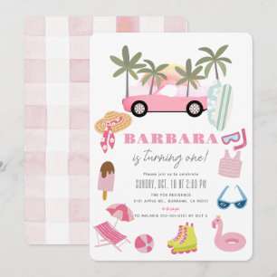 Pink Convertible Palm Tree Girl 1st Birthday Invitation