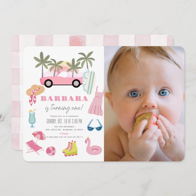 Pink Convertible Palm Tree Girl 1st Birthday Photo Invitation (Front/Back)