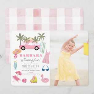 Pink Convertible Palm Tree Girl Birthday Photo Invitation